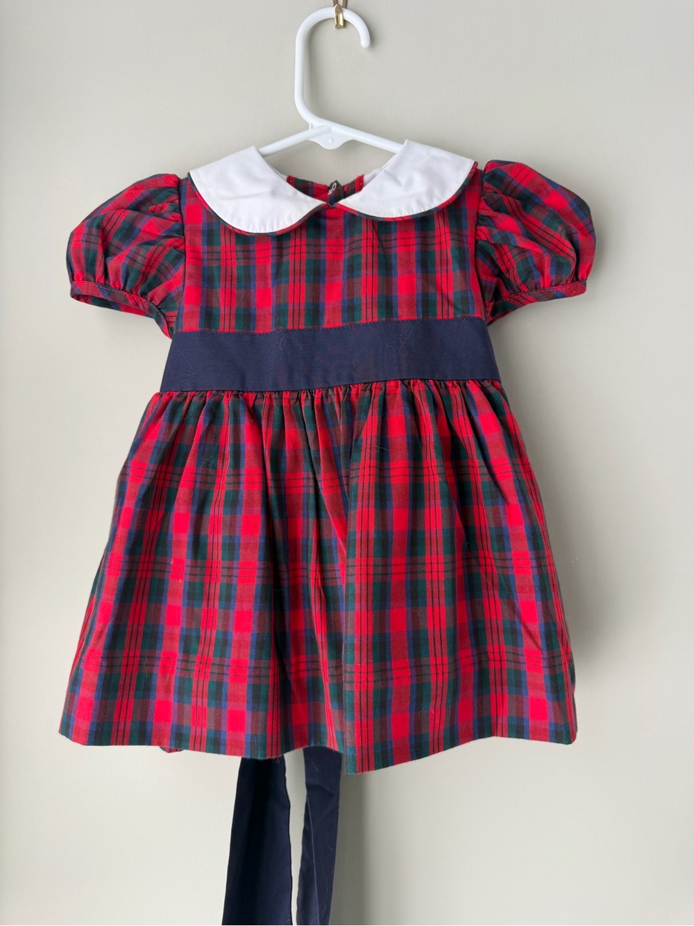 Girls Red and Navy Plaid Peter Pan Collar Dress with Navy Waistband